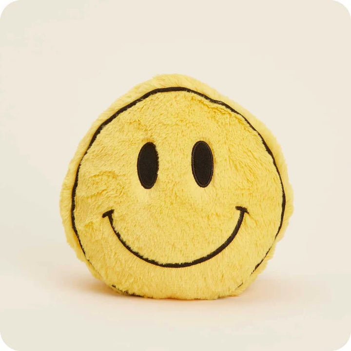 A round yellow plush smiley face pillow with black embroidered eyes and a curved smile, shown against a plain light beige background.