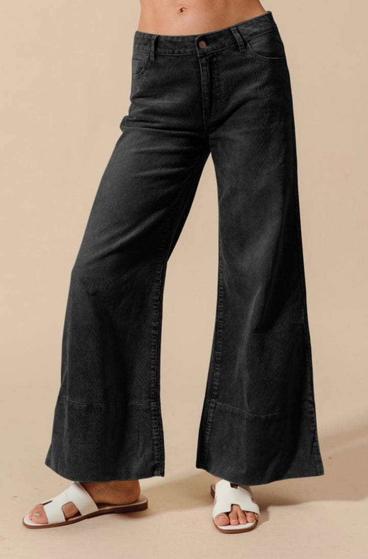 Wide Leg Flared Washed Corduroy Pants With Side Slits - eloise boutique