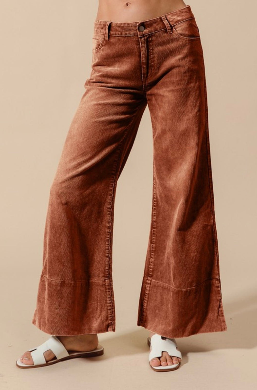 Wide Leg Flared Washed Corduroy Pants With Side Slits - eloise boutique