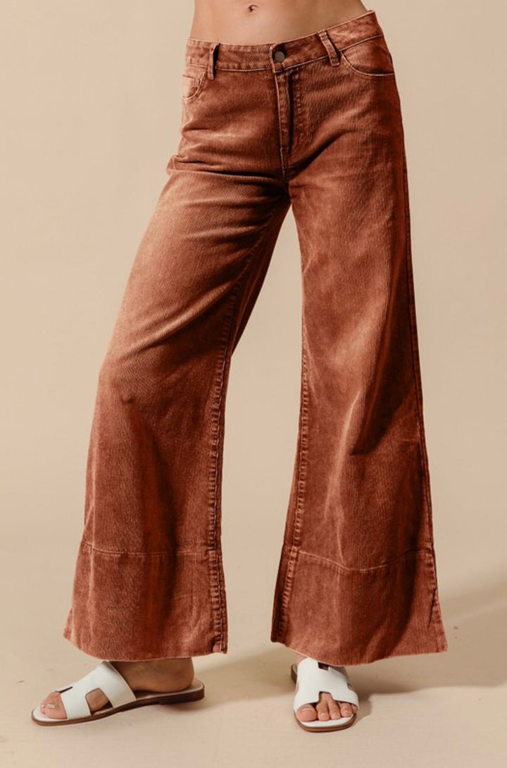 Wide Leg Flared Washed Corduroy Pants With Side Slits - eloise boutique