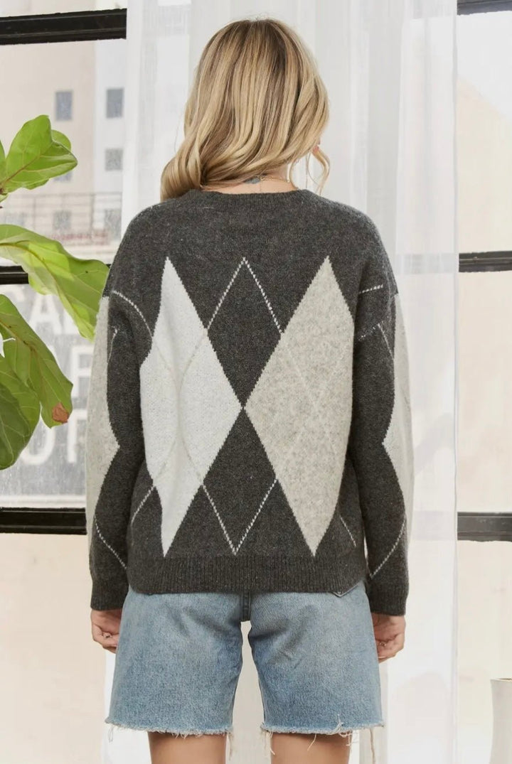 Wool Blend Diamond Print Knit Sweater - eloise boutique