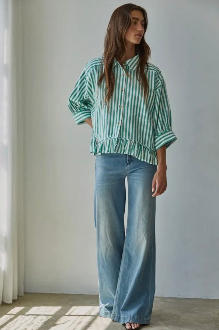 Woven Cotton Striped Button Down Shirt - eloise boutique