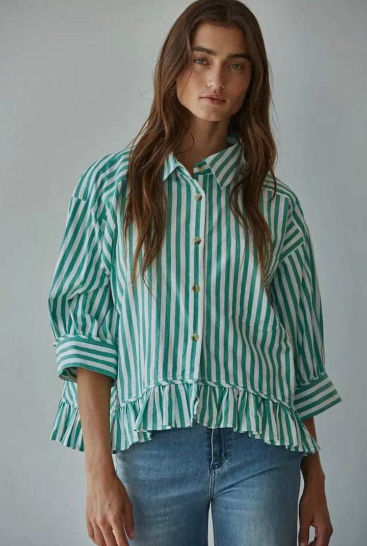 Woven Cotton Striped Button Down Shirt - eloise boutique