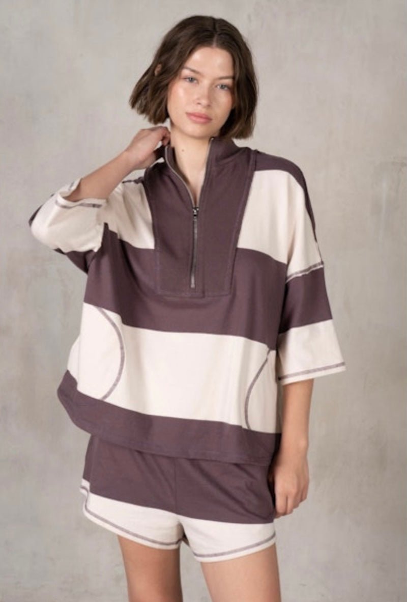 Yarn Dye Stripe Half Zip Top N Shorts Set - eloise boutique